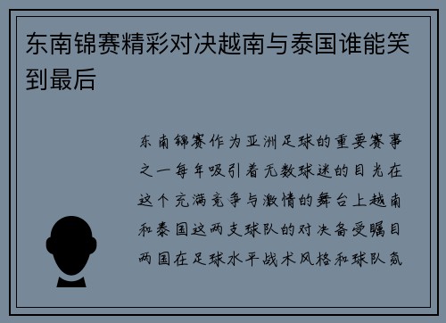 东南锦赛精彩对决越南与泰国谁能笑到最后