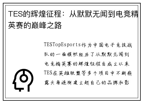 TES的辉煌征程：从默默无闻到电竞精英赛的巅峰之路