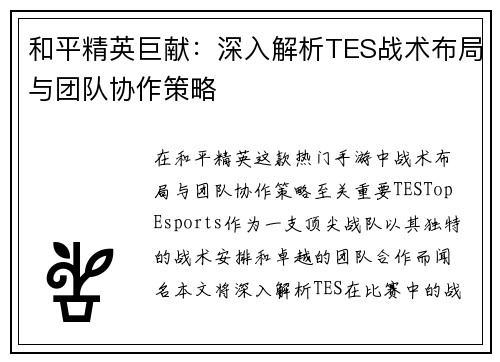 和平精英巨献：深入解析TES战术布局与团队协作策略