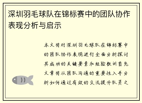 深圳羽毛球队在锦标赛中的团队协作表现分析与启示
