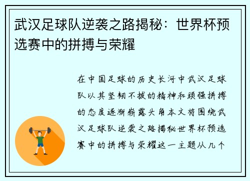 武汉足球队逆袭之路揭秘：世界杯预选赛中的拼搏与荣耀
